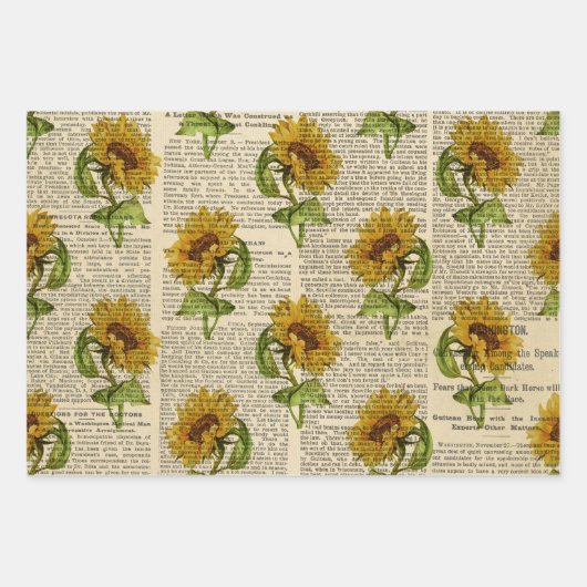 ひまわりの花とヴィンテージ新聞社 ラッピングペーパーシート (正面)