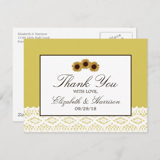 ひまわりの花とヴィンテージ結婚レースありがとう ポストカード (正面/裏面)