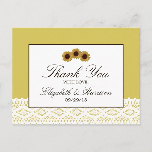 ひまわりの花とヴィンテージ結婚レースありがとう ポストカード (正面)