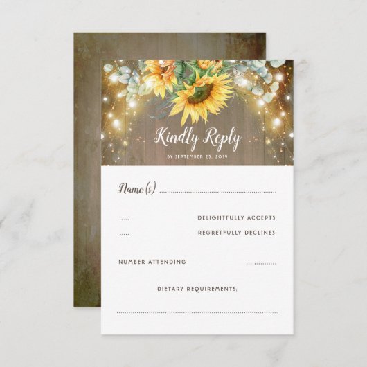 ひまわりの花と光の国素朴の結婚式RSVP 出欠カード (正面/裏面)