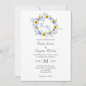 ひまわりの花と埃っぽいブルーバラ結婚ズのリース 招待状 (正面)