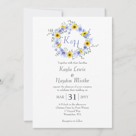ひまわりの花と埃っぽいブルーバラ結婚ズのリース 招待状 (正面)