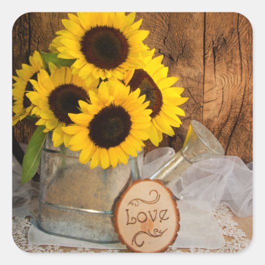 ひまわりの花と庭の散水缶納屋結婚の スクエアシール (正面)
