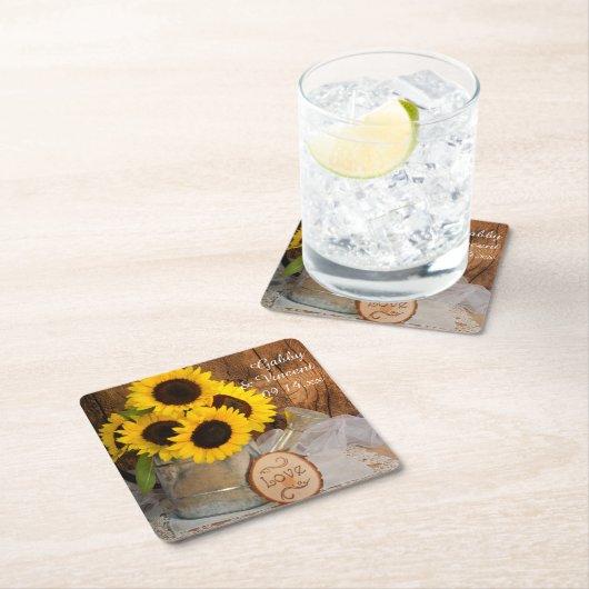 ひまわりの花と庭の散水缶納屋結婚の スクエアペーパーコースター (インサイチュ)