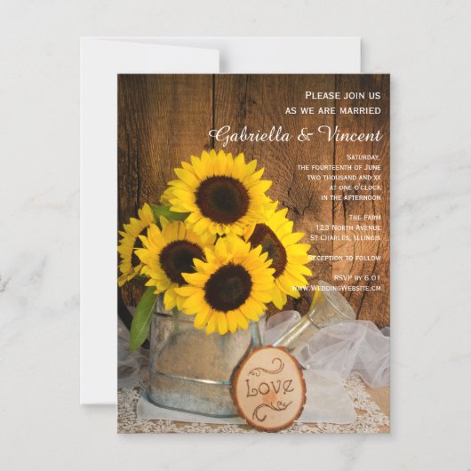 ひまわりの花と庭の散水缶納屋結婚の マグネット招待状 (正面)