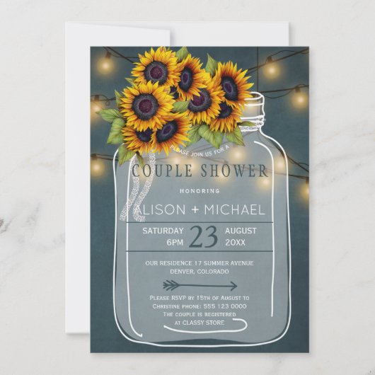 ひまわりの花と明るい田舎のカップルのシャワー 招待状 (正面)