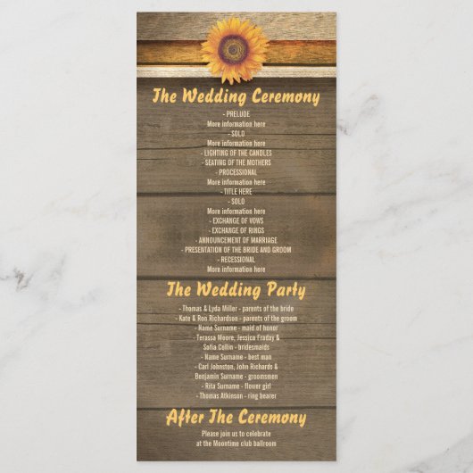 ひまわりの花と木材の国の結婚式のプログラム プログラム (裏面)