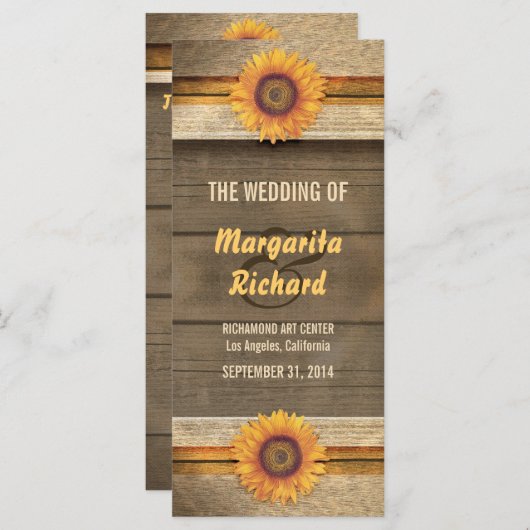 ひまわりの花と木材の国の結婚式のプログラム プログラム (正面/裏面)