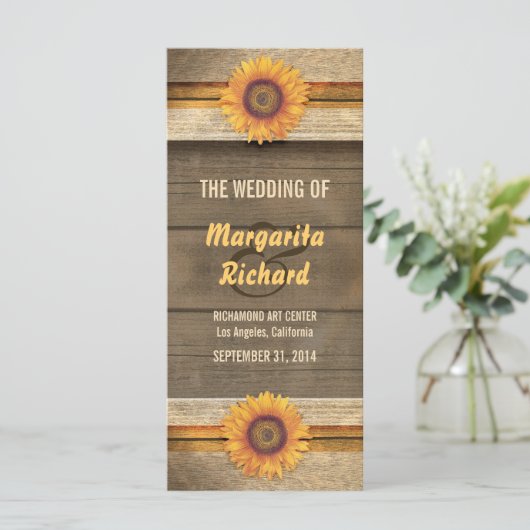 ひまわりの花と木材の国の結婚式のプログラム プログラム (スタンド正面)