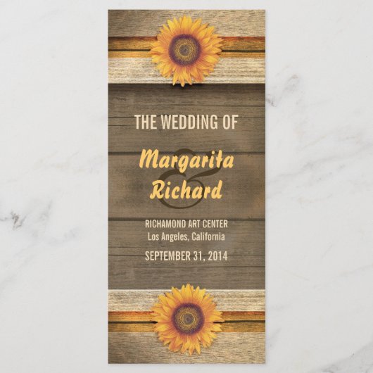 ひまわりの花と木材の国の結婚式のプログラム プログラム (正面)