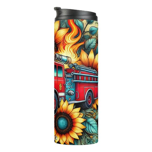 ひまわりの花と炎の中の消防車 タンブラー (回転右)