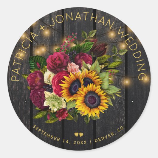ひまわりの花と燃えるようなバラの素朴な木結婚の ラウンドシール (正面)