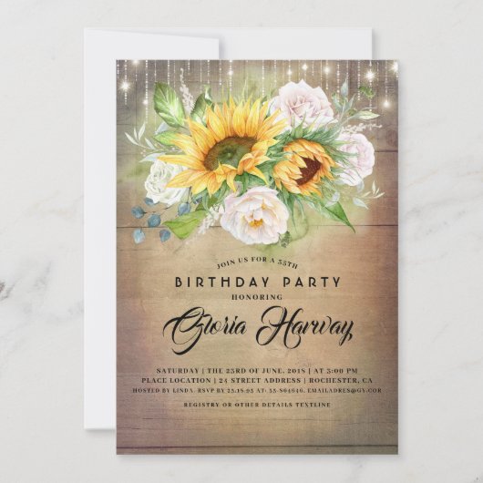 ひまわりの花と白のバラ素朴の誕生日パーティー 招待状 (正面)