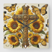 ひまわりの花と羽ばたく黄色の蝶。 スクエア壁時計 (正面)