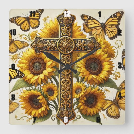ひまわりの花と羽ばたく黄色の蝶。 スクエア壁時計 (正面)