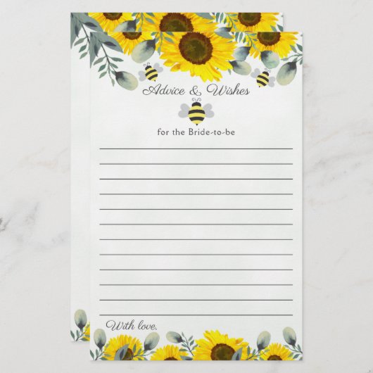 ひまわりの花と蜂のブライダルシャワーアドバイスの願い (正面/裏面)