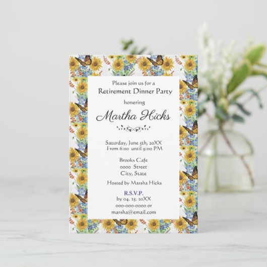 ひまわりの花と蝶の退職パーティー 招待状 (スタンド正面)