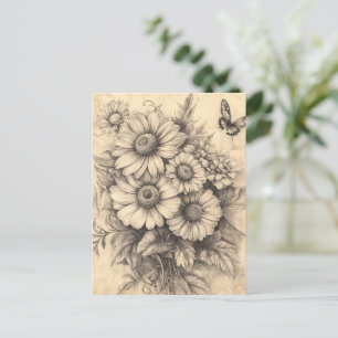 ひまわりの花と蝶 – 素朴年老いた紙 ポストカード