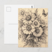 ひまわりの花と蝶 – 素朴年老いた紙 ポストカード (正面/裏面)