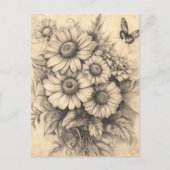 ひまわりの花と蝶 – 素朴年老いた紙 ポストカード (正面)