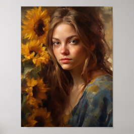 ひまわりの花と金髪の女性 ポスター