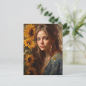 ひまわりの花と金髪の女性 ポストカード (スタンド正面)