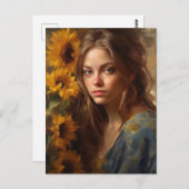 ひまわりの花と金髪の女性 ポストカード (正面/裏面)