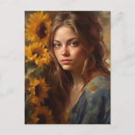 ひまわりの花と金髪の女性 ポストカード