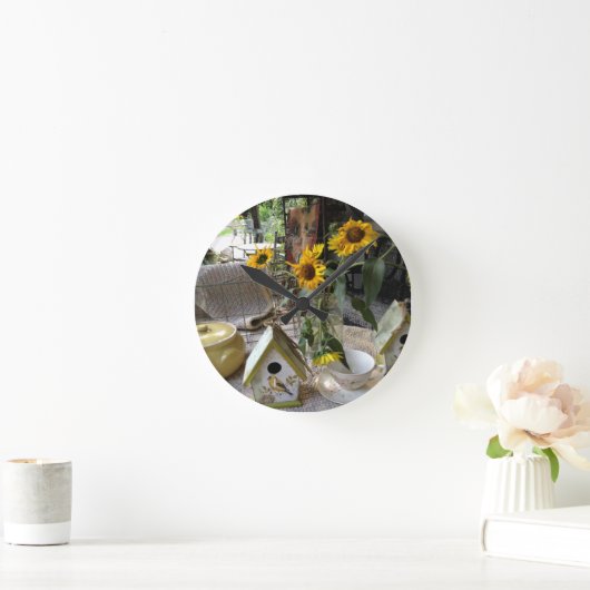 ひまわりの花と鳥の家の秋の完全表示 ラウンド壁時計 (ホーム)