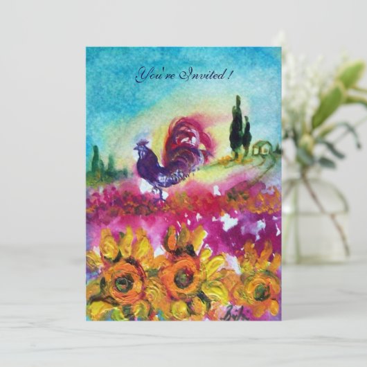 ひまわりの花と黒いオンドリ素朴ーの風景 招待状 (スタンド正面)
