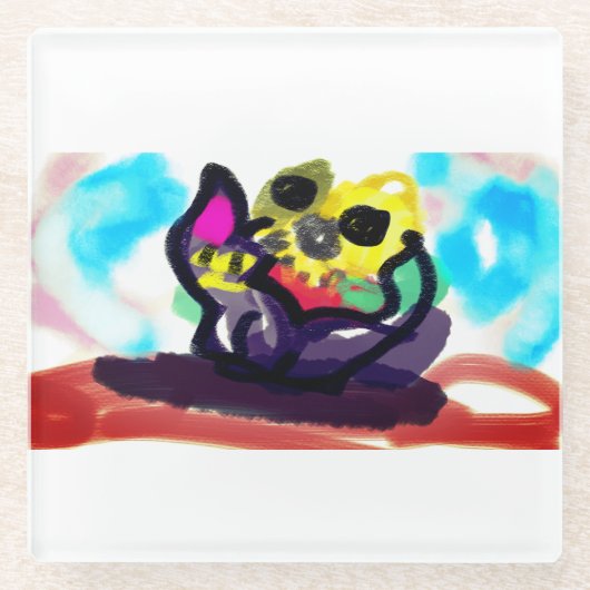 ひまわりの花と黒猫 ガラスコースター (正面)