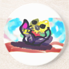 ひまわりの花と黒猫 コースター