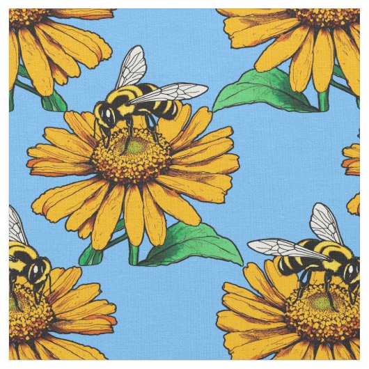 ひまわりの花の模様のデザイン 青  ファブリック (クローズアップ)