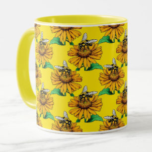 ひまわりの花の模様デザインの黄色いミツバチ マグカップ