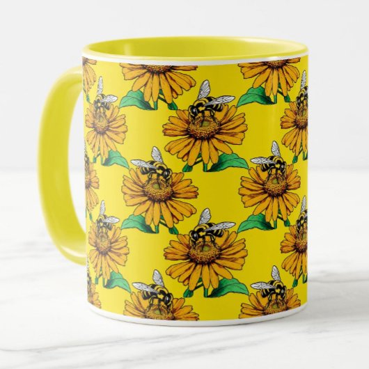 ひまわりの花の模様デザインの黄色いミツバチ マグカップ