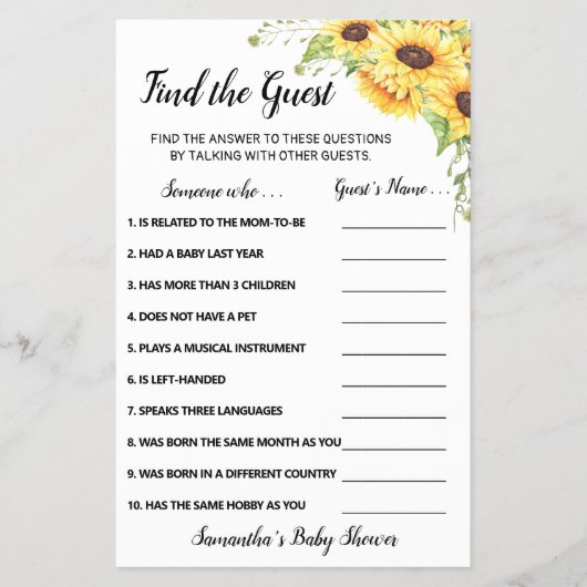 ひまわりの花はゲスト赤ちゃんシャワーゲームカードを見つける チラシ (正面)