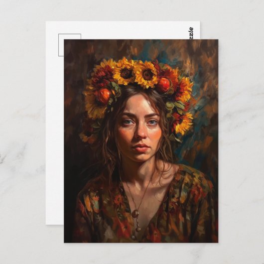 ひまわりの花びら秋の収穫クラウン付き女性 ポストカード (正面/裏面)