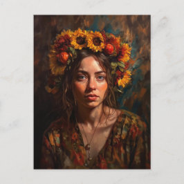 ひまわりの花びら秋の収穫クラウン付き女性 ポストカード