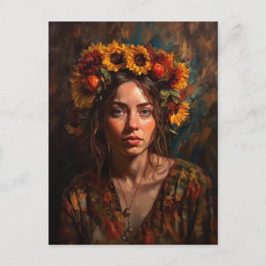 ひまわりの花びら秋の収穫クラウン付き女性 ポストカード (正面)