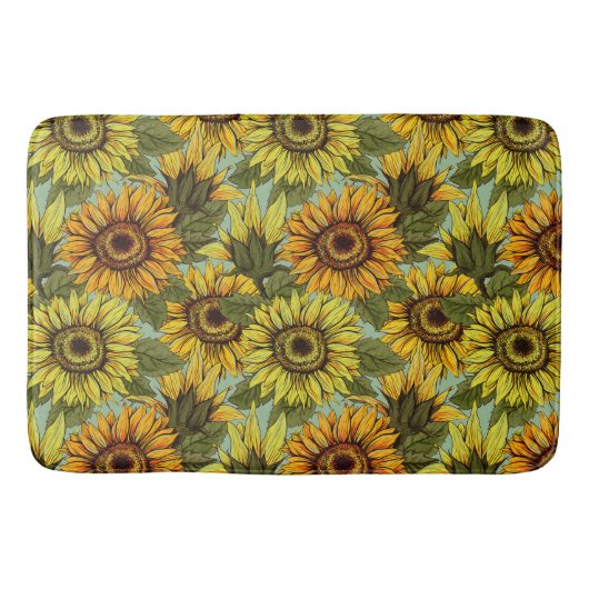 ひまわりの花を葉のセージの背景でパーソナライズ バスマット (正面)