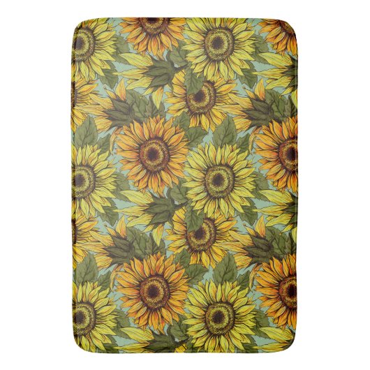 ひまわりの花を葉のセージの背景でパーソナライズ バスマット (正面縦)