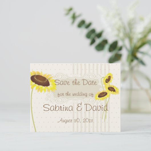 ひまわりの花ストライプと花は日付を保存 案内ポストカード (スタンド正面)