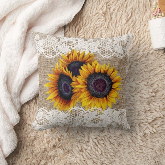 ひまわりの花束のラップとレースヴィンテージ素朴 クッション (ブランケット)