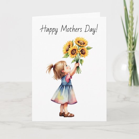 ひまわりの花束を持つ水色の幼児 サンキューカード (正面)