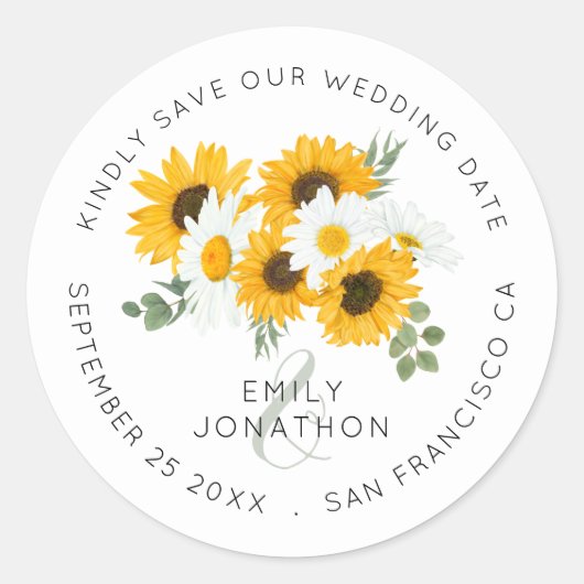 ひまわりの花模様エレガントは日付を保存 ラウンドシール (正面)