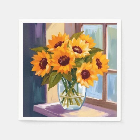 ひまわりの花瓶 | 花の黄色いブーケ 水彩画 スタンダードカクテルナプキン (正面)
