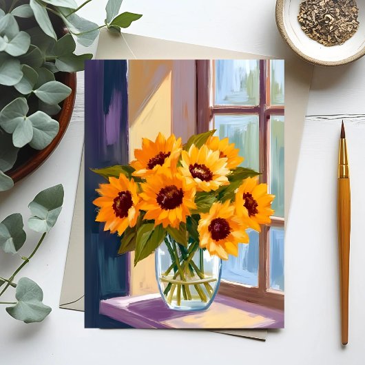 ひまわりの花瓶 | 花の黄色いブーケ 水彩画 ポストカード