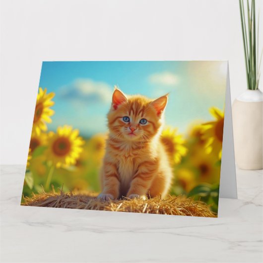 ひまわりの花畑で遊ぶ愛らしいオレンジ色の子猫 カード (正面)