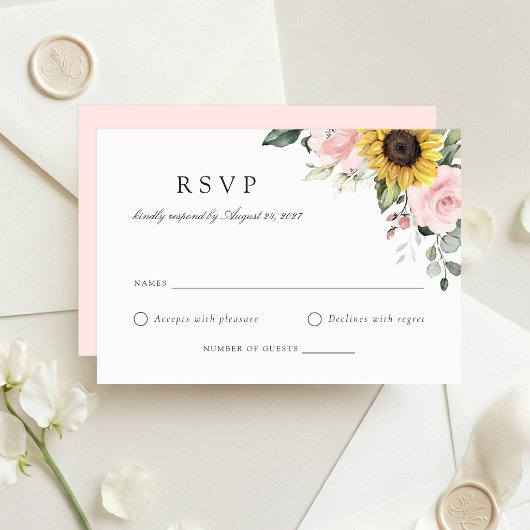 ひまわりの花 ブラッシュピンク 結婚式 RSVP カード