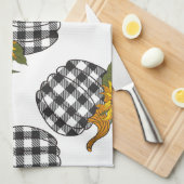 ひまわりの花、格子状のカボチャ、農家の装飾 キッチンタオル (四つ折り)